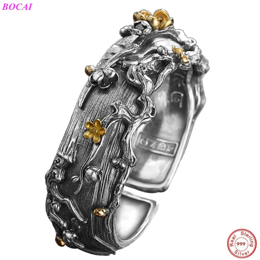 

Браслет BOCAI S990 из стерлингового серебра Ретро, элегантное индивидуальное украшение, Женский широкий браслет из тайского серебра с цветком с...