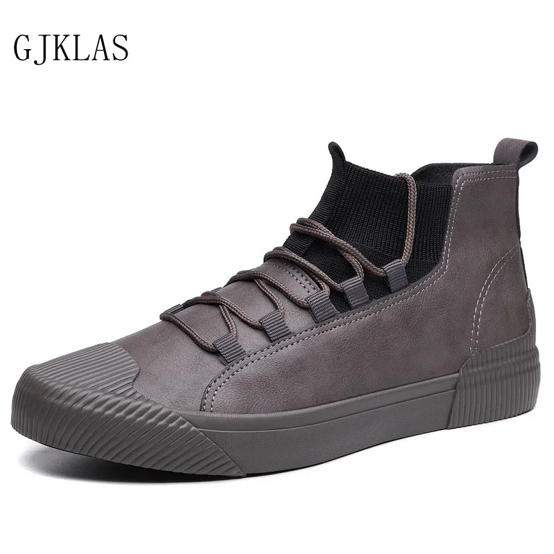 

New Hot Sale Fashion Male Casual Shoes High Top Lace Up Men's Leather Casual Sneakers Fashion Black Gray Flats Vulcanize Shoes