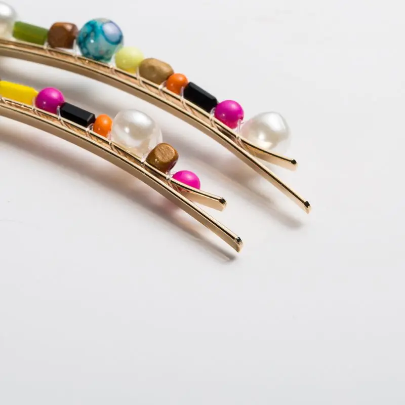 

Women Luxury Jewelry One Word Hairpins Imitation Diamond Colorful Handmade Beading Hair Clip Decorative Hair Styling Accessories