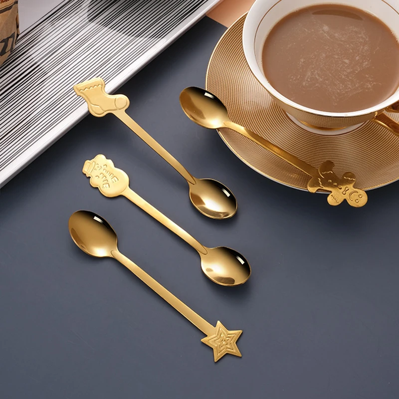 

4Pcs/Set Christmas Star Gingerbread Man Snowman Sock Spoons Stainless Steel Coffee Dessert Stirring Gifts Table Ornaments