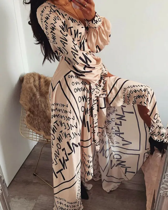 Женское летнее платье с буквенным принтом в стиле бохо Пляжное Платье макси v