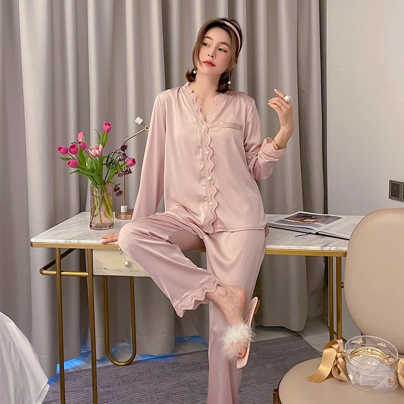 2021 New Ice Silk Pajamas Sets Women's Cardigan Long Sleeve 2Pcs Suit Nightwear Palace Style Thin Lace Home Wear Sleep Tops