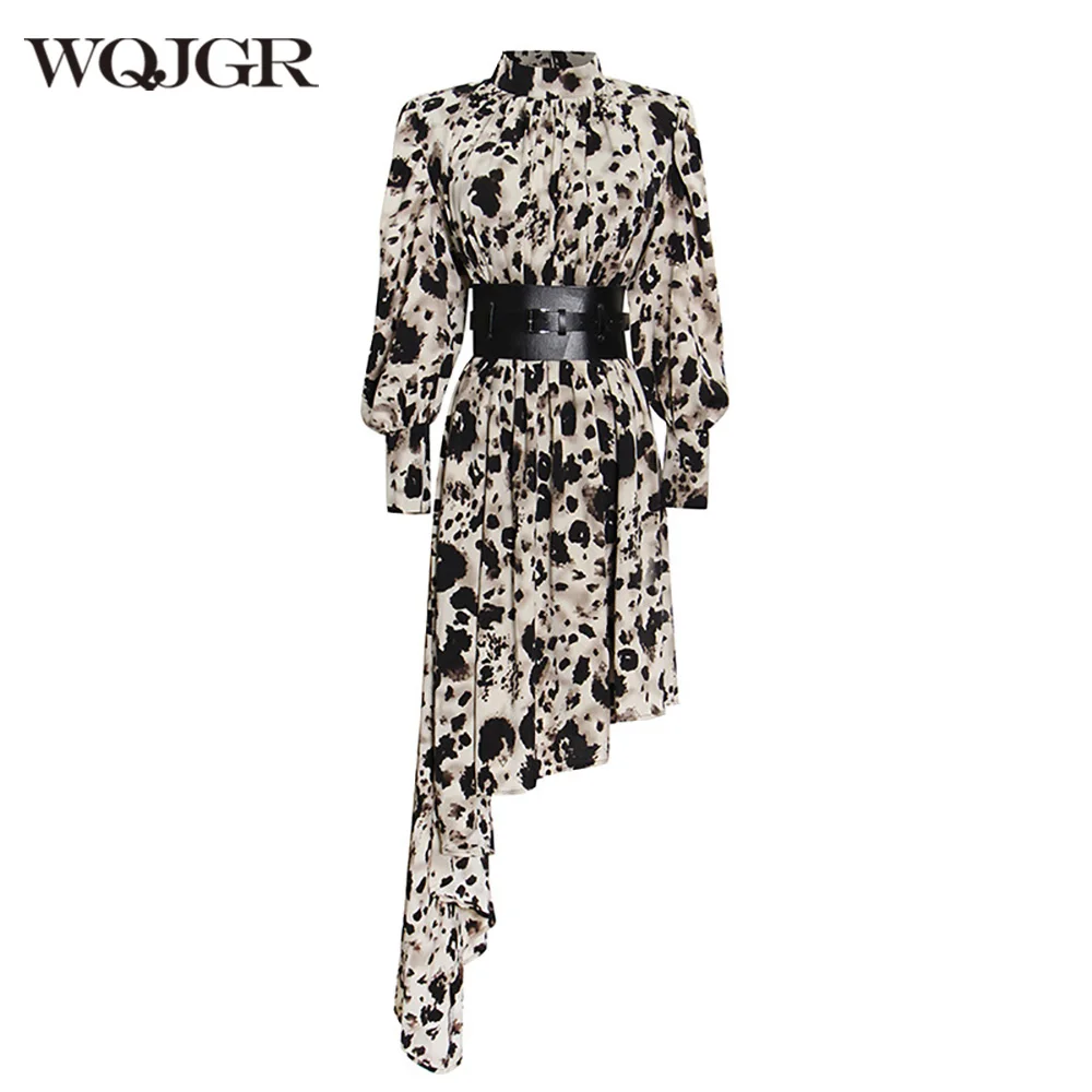 

WQJGR Irregular Summer Dresses Woman 2022 Party Night Sashes Empire Long Sleeve Leopard Dress Elegant Vestidos De Fiesta