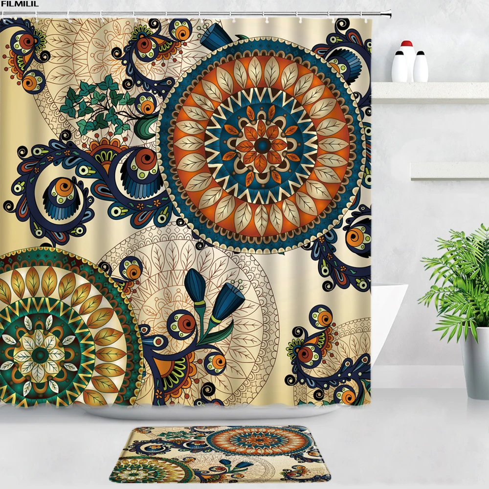 

Creative Black Bohemian Shower Curtains Bath Mats Set Geometric Pattern Design Fashion Home Decor Door Pad Bathroom Non-slip Rug