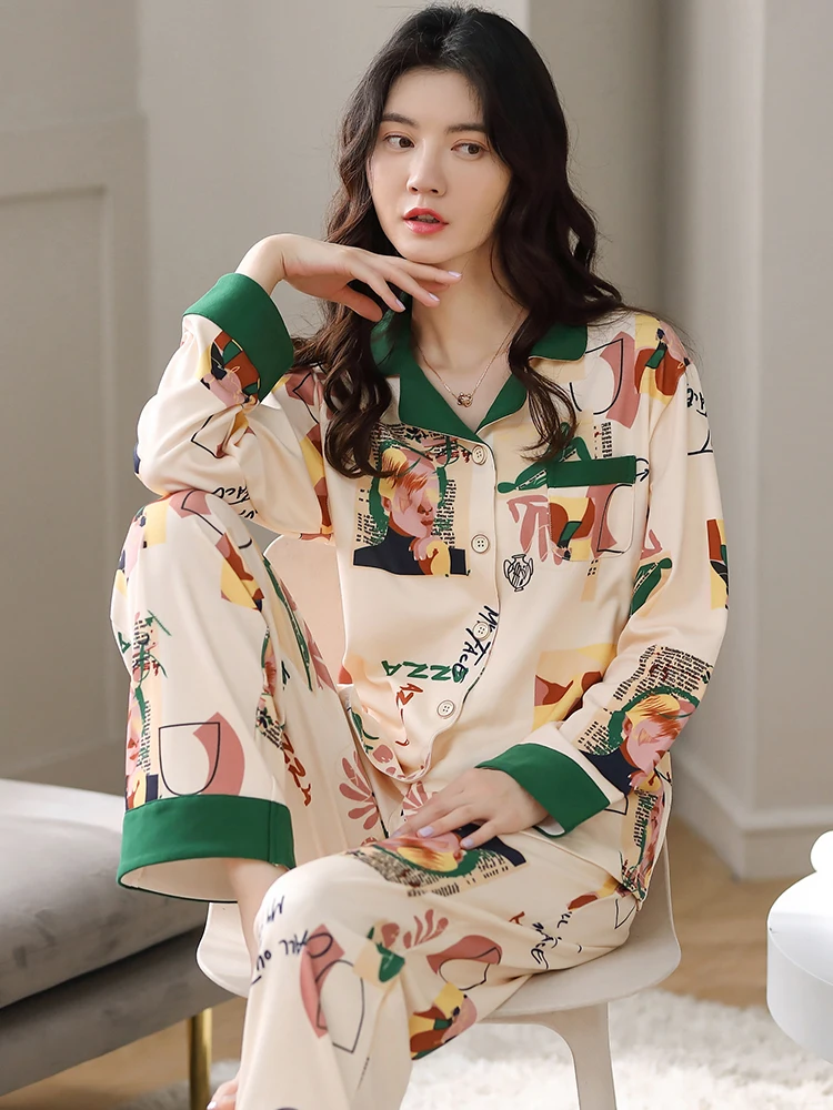 Plus Size 100% Cotton Irregular Printing Sleepwear Women Pajama Set Interesting Animal Pattern Home Wear Ladies Long Pant Suits