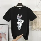 Милая футболка с мультяшным Кроликом, женская футболка с круглым вырезом и коротким рукавом 2020, модные женские черные футболки, женская футболка оверсайз