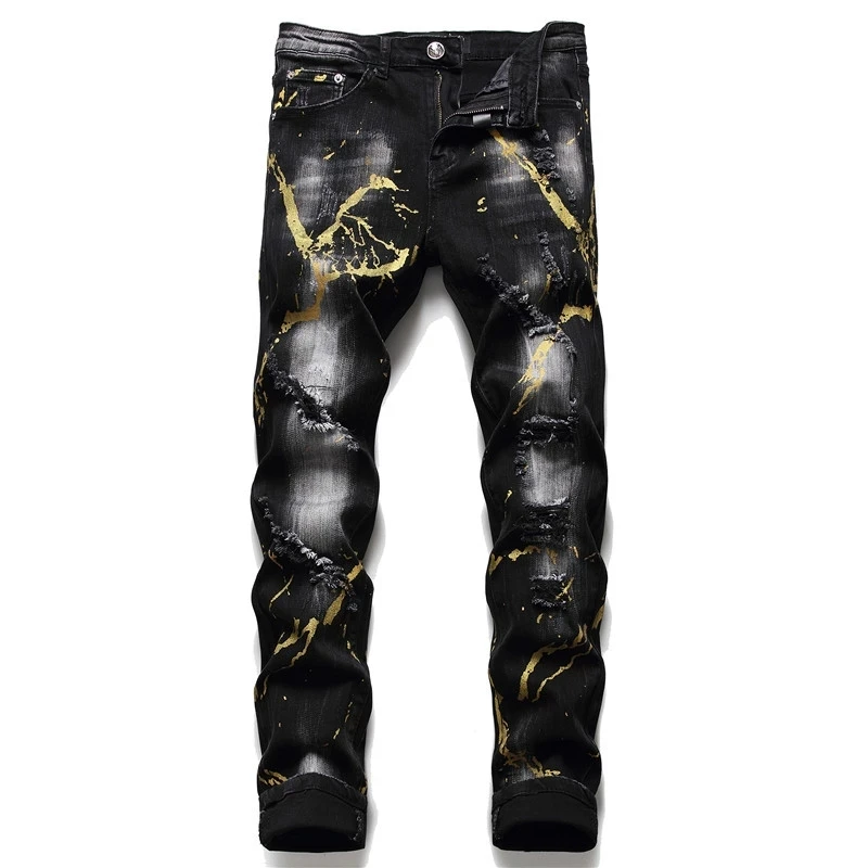 DIMI Black Paint Splash Tight Stretch Fashion Male Trousers Autumn Winter New Tattered Men's Slim PP Wash Ripped Jeans