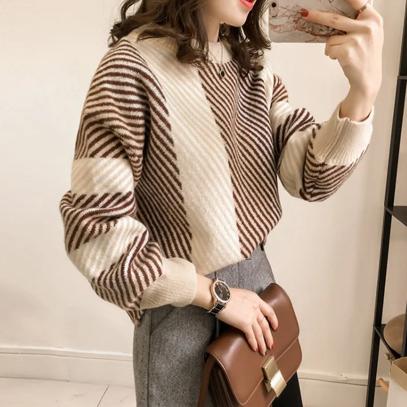 Женский трикотажный свитер в полоску Повседневный пуловер свободного покроя