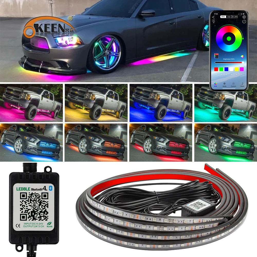 OKEEN Auto Underglow Flexible Streifen LED RGB Underglow Dekorative Atmosphäre Lampe APP/Fernbedienung Unterboden-system Neon Licht
