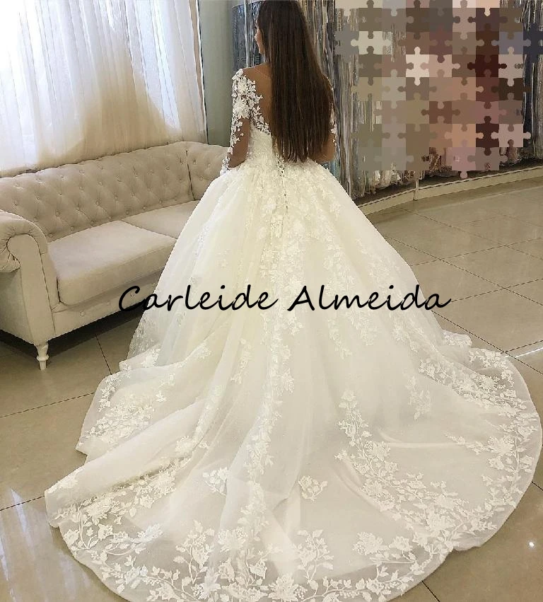 

Vestido de noiva Long Sleeves Ball Gown Wedding Dresses 2021 Lace Appliques Chapel Train Luxury White Dress for Bride