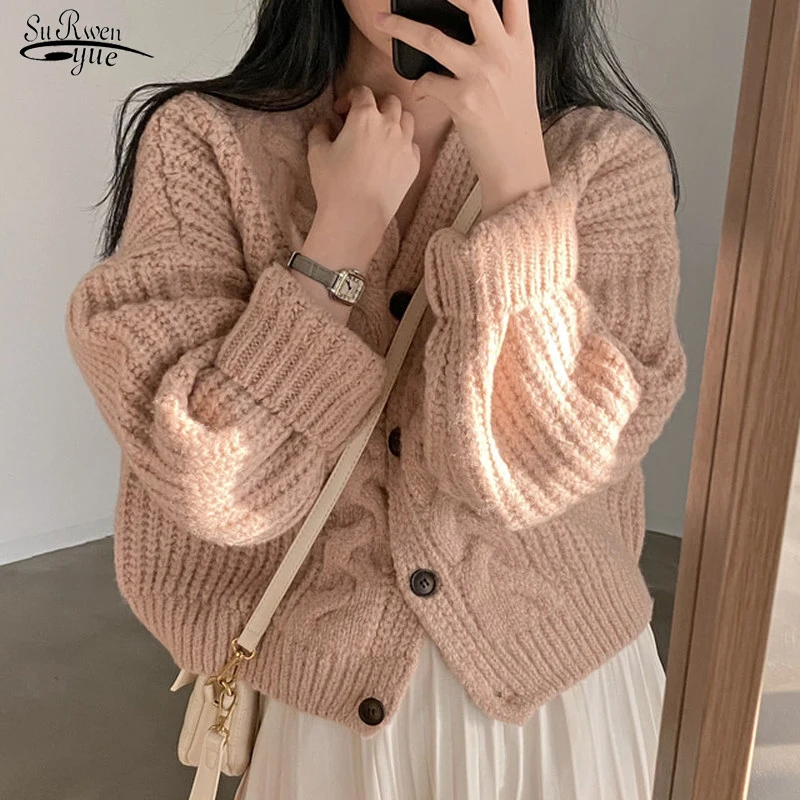 

Autumn 2021 Fashion New Knitted CardiganWomen Korean Sweater Long Sleeve V Neck Lazy Wind Cardigan Women Clothing Elegant 18001