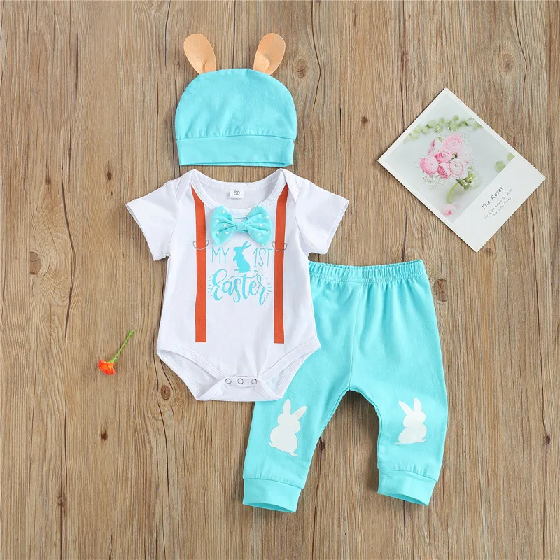 

0-18M Newborn Casual Easter Three Piece Set, Fresh Short Sleeve Shirt Elastic Waist Pants Hat for Baby Vacation
