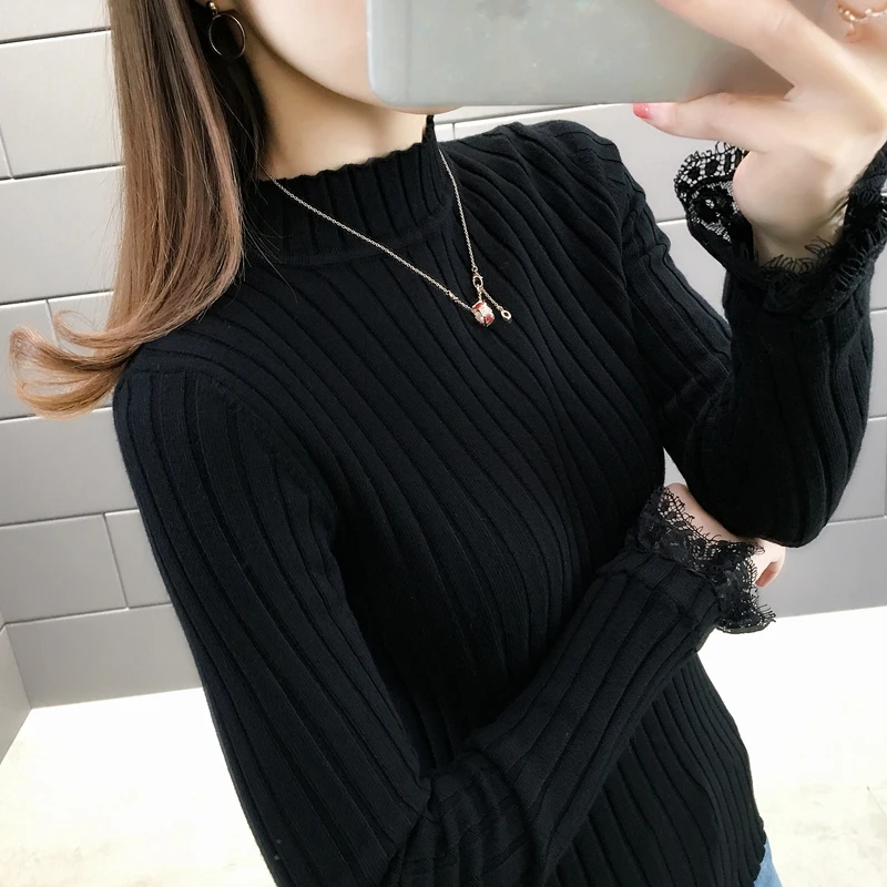 

1527142 [room 6, row 5, No. 3 down] New Lace splicing half high collar solid color Pullover bottoming sweater 2020jd