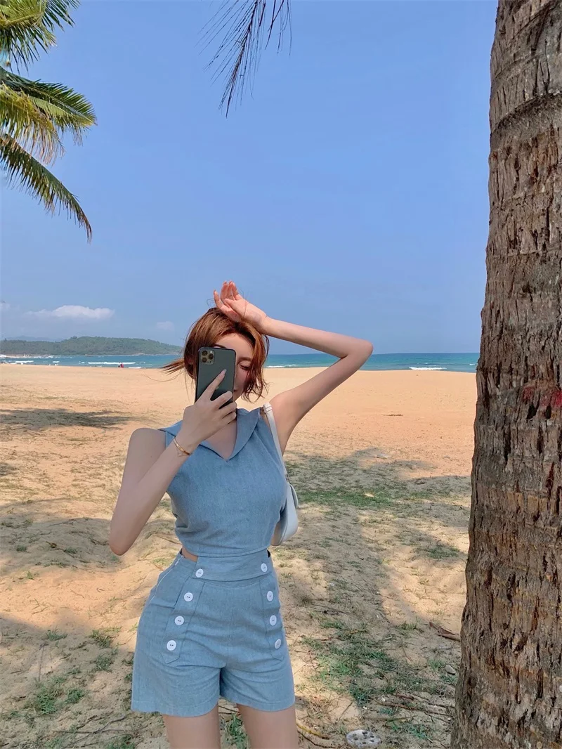 

High waist loose all-match denim jumpsuit women's spring and summer hot pants overalls wide-leg shorts