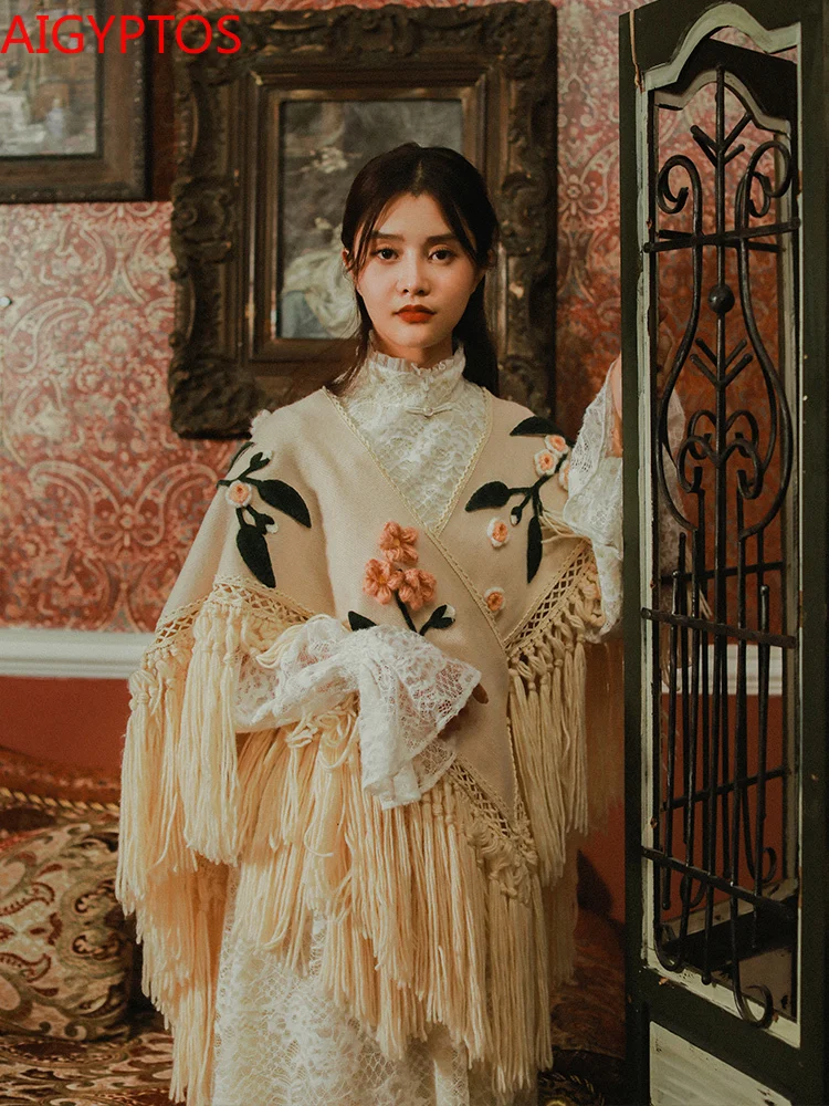 Женская винтажная накидка с кисточками вязаная цветами в национальном стиле