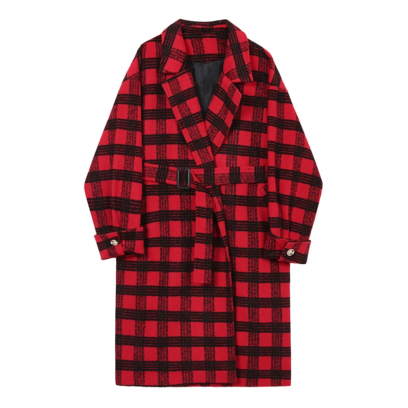

Male Windbreaker Jacket Overcoat Men Christmas Red Plaid Wool Streetwear Vintage Loose Casual Long Cloak Trench Coat Outerwear
