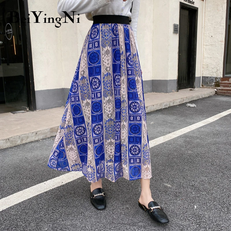 

Beiyingni Vintage Lace Long Midi Skirts Womens 2022 Spring Summer High Waist Pleated Skirt Hollow Out Fashion Faldas Female Jupe