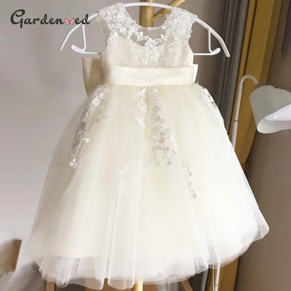 

Ivory Lace Flower GIrl Dresses Tulle Puffy Princess Dress Gril Satin Bow Net First Communion Dresses Little Girl Birthday Dress