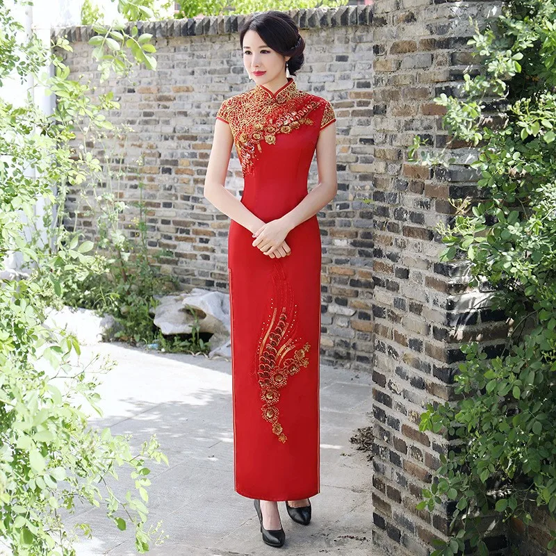 Qipao clásico bordado chino para mujer, Vestido de satén, Cheongsam Oriental para novia y boda, novedad de 2022