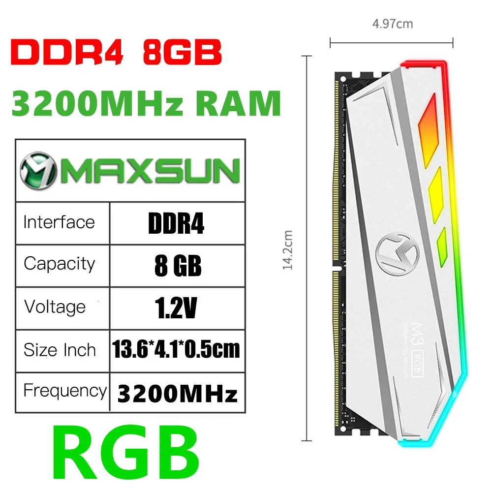 Модуль оперативной памяти MAXSUN с RGB-подсветкой ddr4 8 ГБ 3200 МГц интерфейс 288Pin