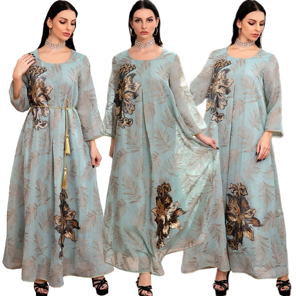 Длинное платье макси Abaya с вышивкой и блестками, женское роскошное марокканское этническое мусульманское арабское платье цзилбаб, кафтан, х...