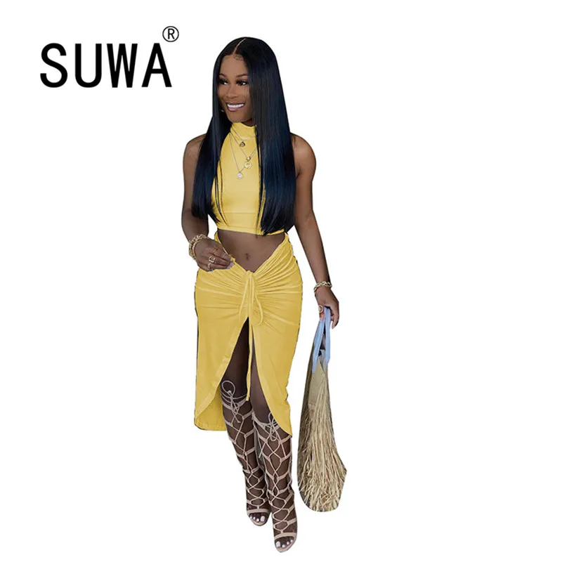 

Women Solid Color Strapless Hollow Out Crop Top High Waist Elastic Skinny Long Skirts Two Pieces Set Female Fashion Outfit