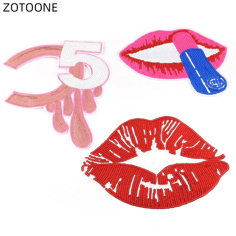 

ZOTOONE 1pc Pink Sequin Patches Big Size Sexy Red Mouth Lips Patch for Clothes Bag Stickers DIY Sew on Badge Sewing Applique E