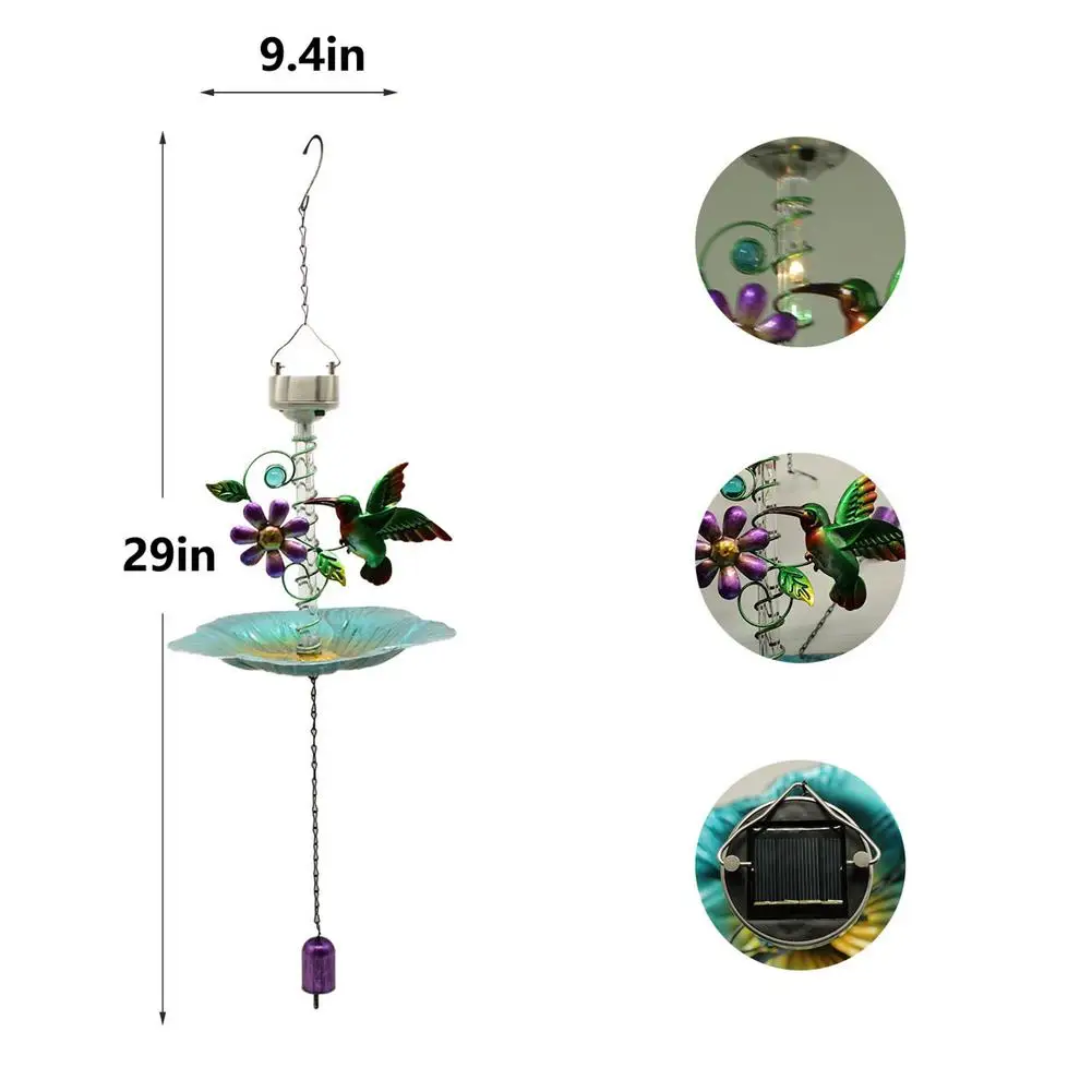 

Solar Hanging Bird Feeder LED Lamp Durable Garden Metal Art Tray