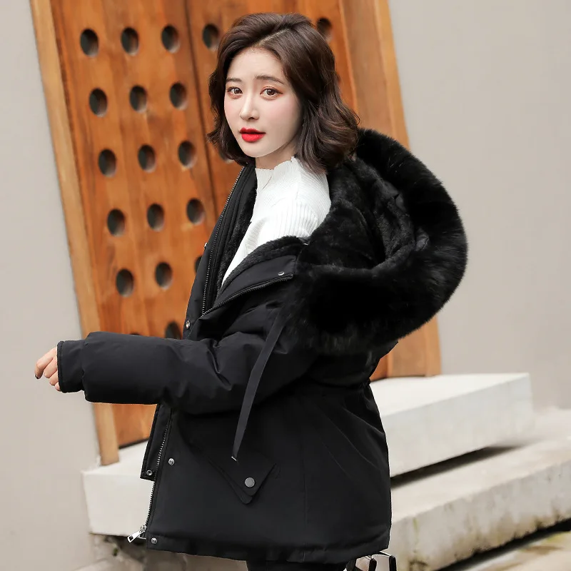 Autumn Winter Women Warm Hooded Parkas Windproof Thick Furry Collar Zipper Cotton Coats Solid Colors Plush Comfort Down Jacket