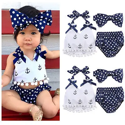 

AA 3pcs Baby Girl Clothes Set Baby Anchor Tops+Polka Dots Briefs Summer Outfits Set Sunsuit Costume
