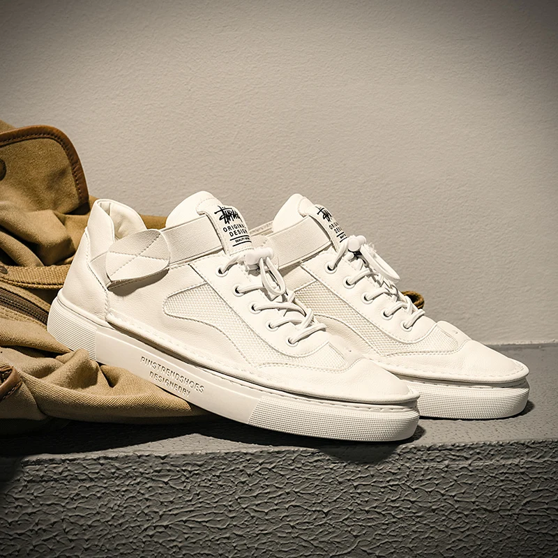 New Men Shoes Comfortable Flat Shoes Easy Lacing Breathable Shoes Mesh Walking Shoes - Color: White