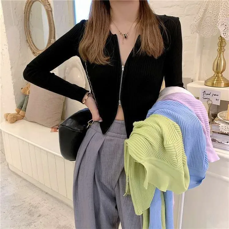 

womens cardigan sexy zipper tops Polo neck long sleeve knitted women's coat cardigans fall summer Korean Style Turn-down Collar