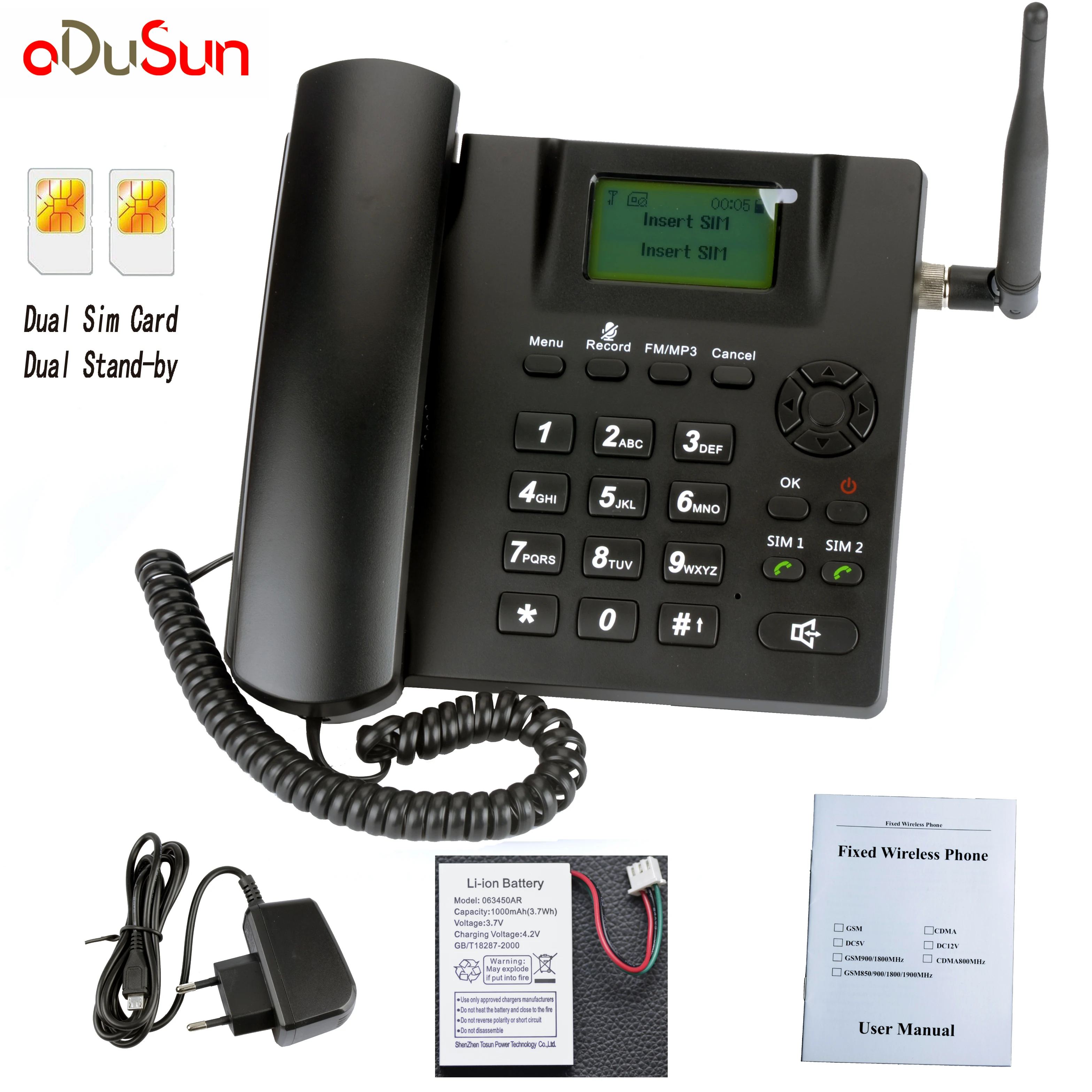 Две sim-карты в режиме ожидания GSM фиксированный беспроводной телефон запись FM радио MP3 TNC антенна на русском английском французский арабский итальянский язык