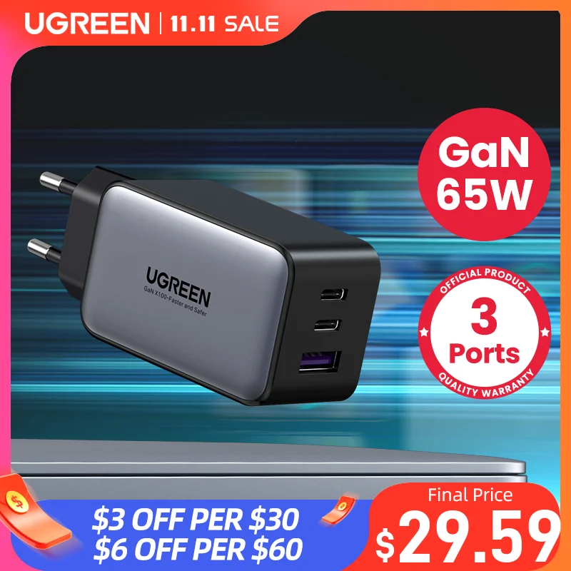 UGREEN GaN 65W USB C Charger Quick Charge 4.0 3.0 QC4.0 QC PD3.0 PD USB-C Type C Fast USB Charger For iPhone 13 Pro Max Macbook