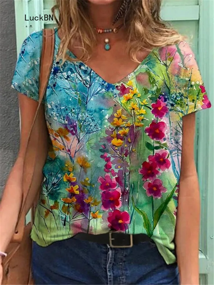 

New Women 2021 Summer T Shirt Pullover V-neck Flower Print Street Short Sleeve Fashion Loose Female T-shirt Plus Size Tees Tops