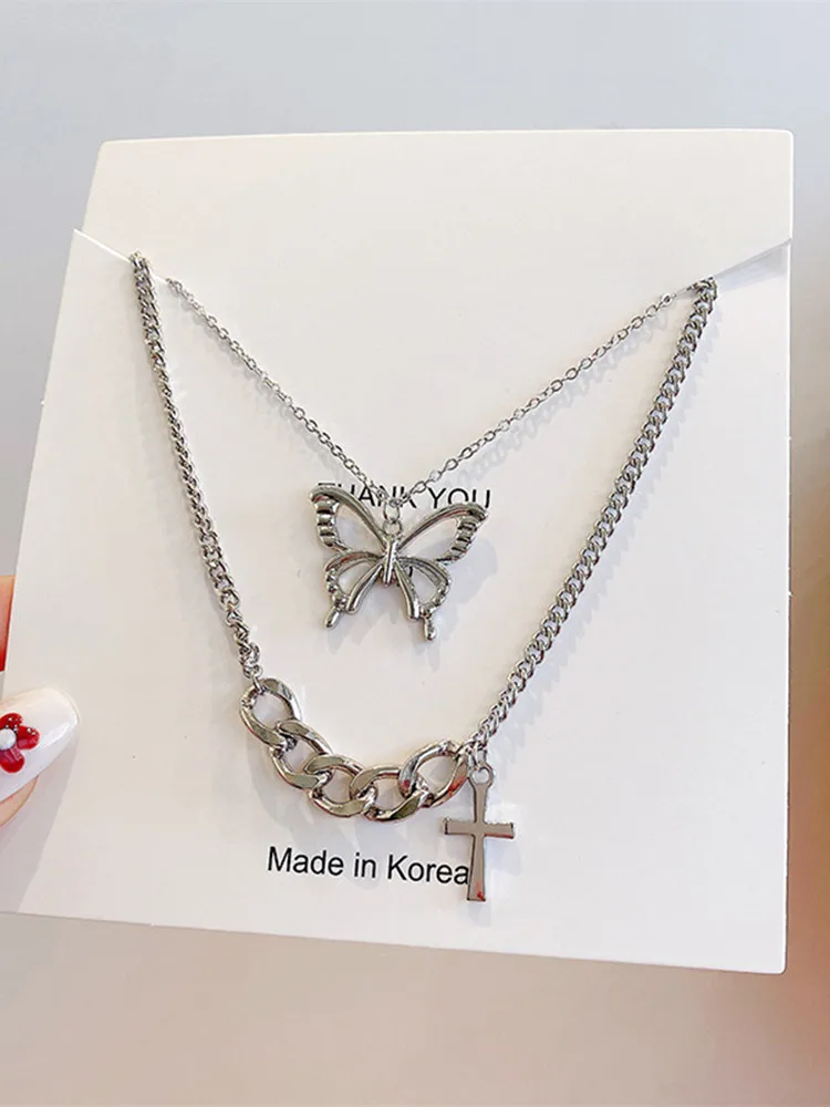 

European and American Double-layer Necklace Female 2021 New Cross Design Sense Butterfly Clavicle Chain Ins Hip Hop Accessories