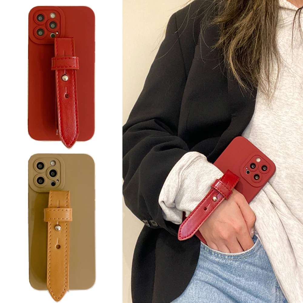 

Wrist Strap Phone Case For iPhone 13 12 11 Pro Max X XS XR Leather Holder Luxury Solid Red Soft Back Cover