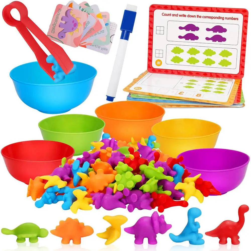 

Counting Dinosaurs Toys Set with Sorting Bowls Cognitive Skills Training for Color Sorting and Counting Color Math Learning Toys