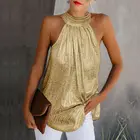 Новинка 2019, Женская Золотая блузка, модный топ без рукавов с высоким воротником, жилет, летняя повседневная Свободная блузка, рубашка, футболка