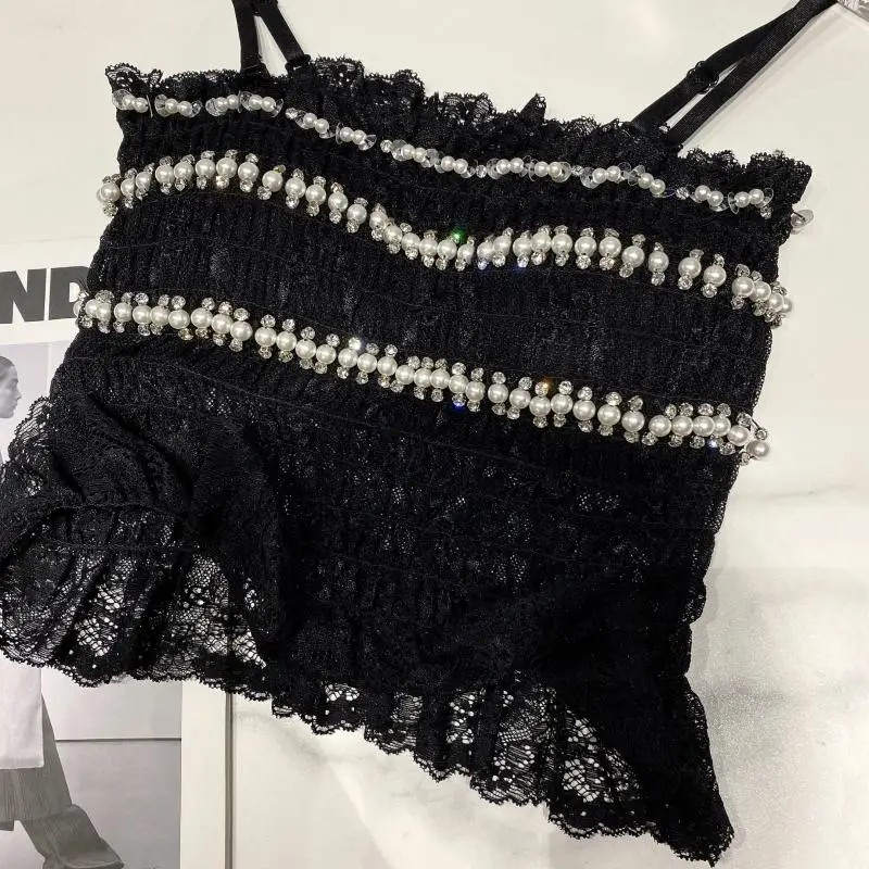 

2021 Summer New Sexy Party Top Pearl Lace Handmade Beaded Camisole Stretch Halter Tops Slim Pleated Small Sling Vest for Women
