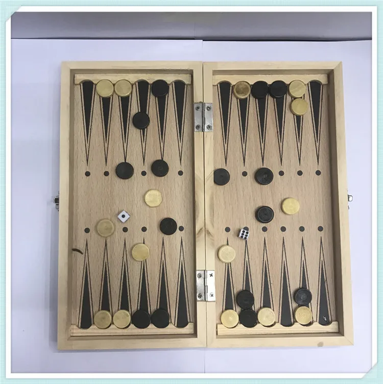 

21 Wooden Folding Portable Travel Game Chess International Checkers Backgammon 3 in 1 Set Outdoor Intertainment Gift