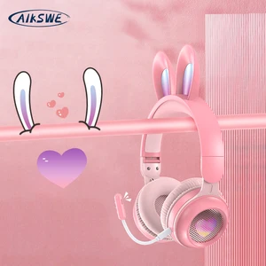 aikswe glowing wireless headphones flash light rabbit ear hifi stereo with mic headset for girls kids gift bluetooth compatible free global shipping