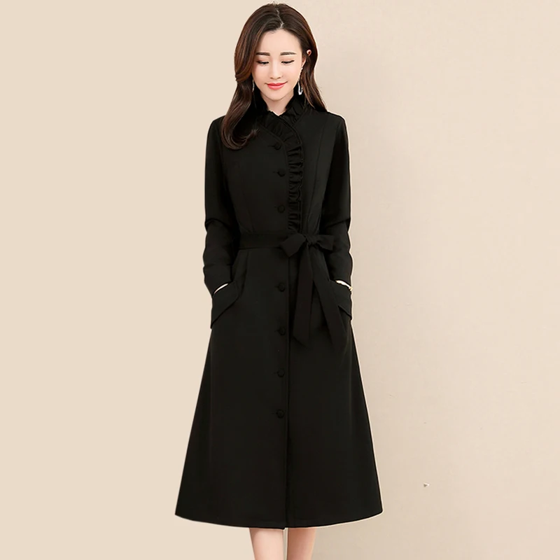 

temperament Pockets Medium and long section dress women Casual Long sleeve A-Line dress 2019 Spring New black Slim dress women