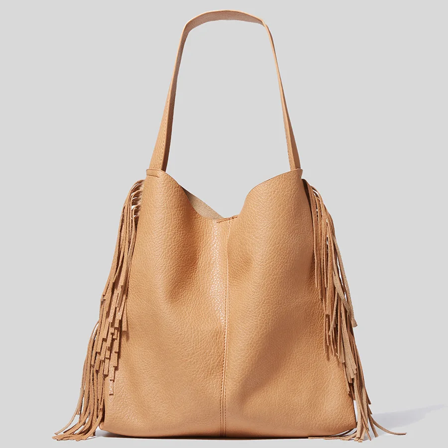 

novelty pu leather tassel tan black beige brown women shoulder bag for lady unique design fashion nichi large handbag