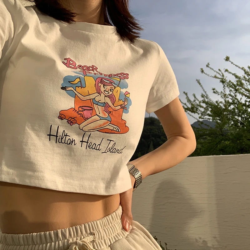 Кроп-футболка женская с коротким рукавом и ковбойским принтом - купить по