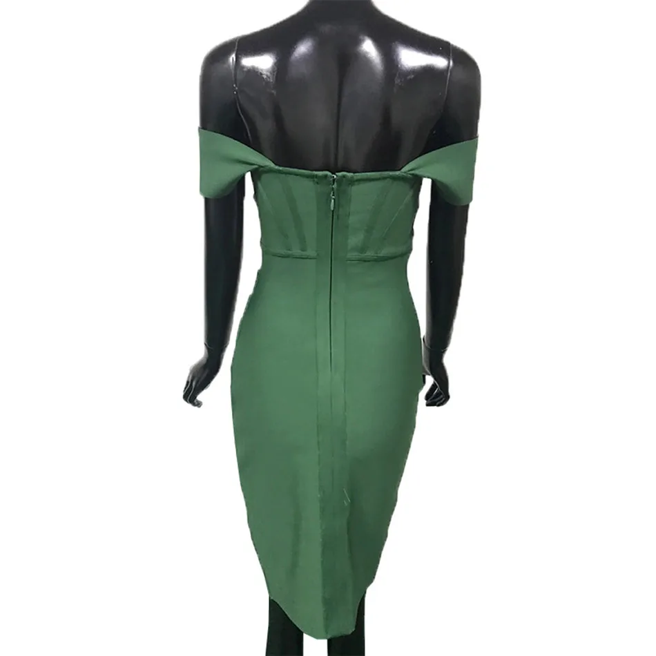 

Ropa Vintage Green Elegant Bodycon Bandage Split Dress Off Shoulder Knee Length Dress Casual