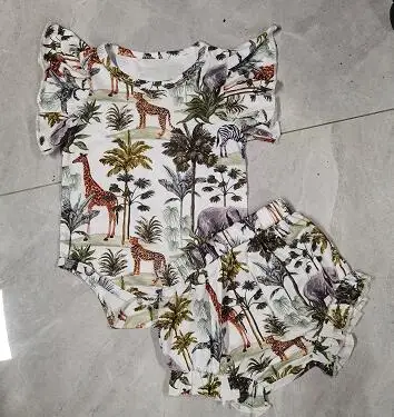 

Babys Casual T-shirt and Shorts Set Fashion Animal Forest Printed Fly Sleeve Tops and Short Pants