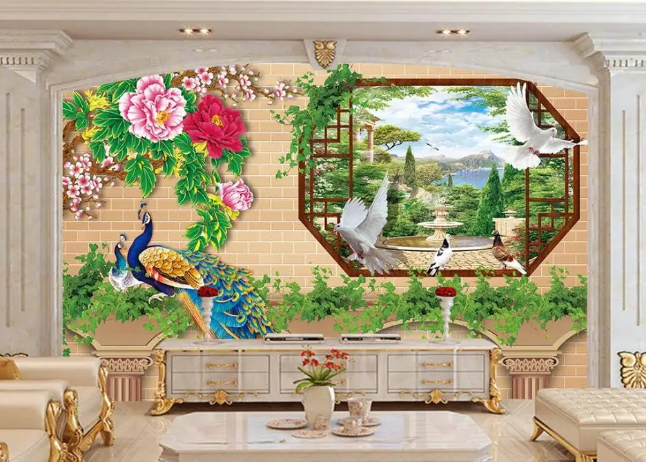 Custom Peacock peony iving room decoration 3d wallpaper walls European 3D TV background wall | Обустройство дома