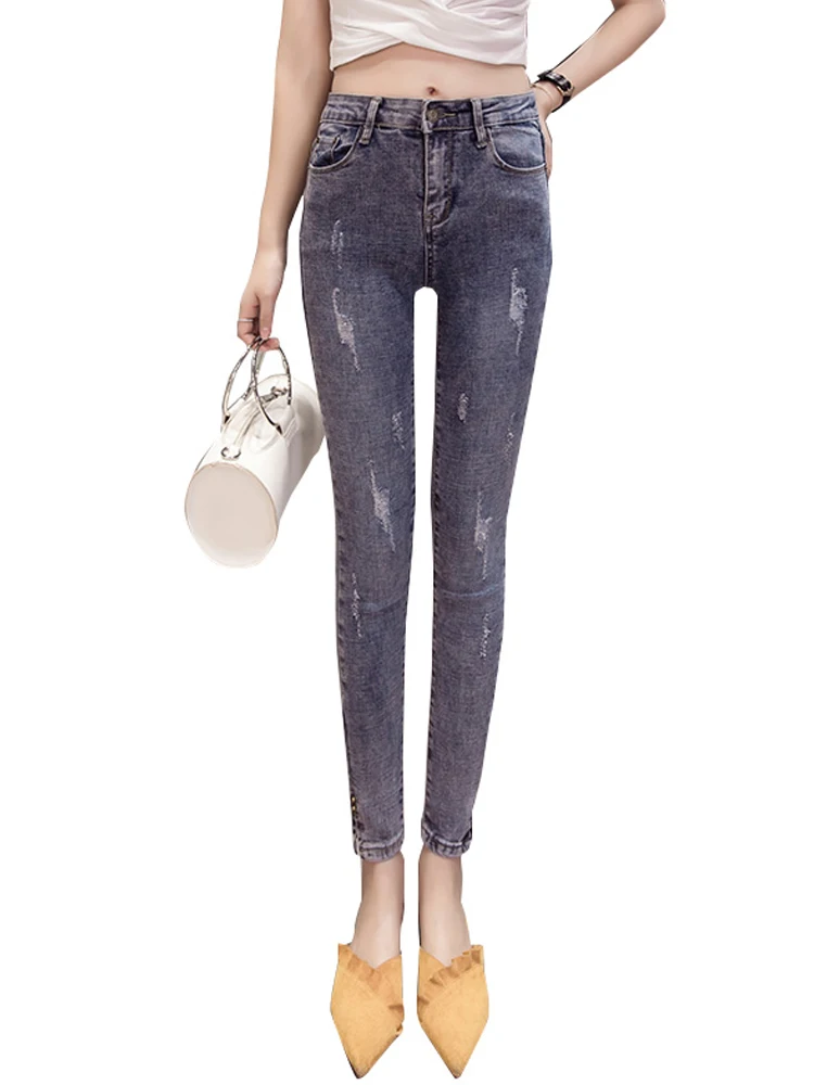 

Net Red Jeans for Women New 2021 Spring Korea-style High Waist Ripped Skinny Jeans Light Blue Slim Pencil Pants Denim Female