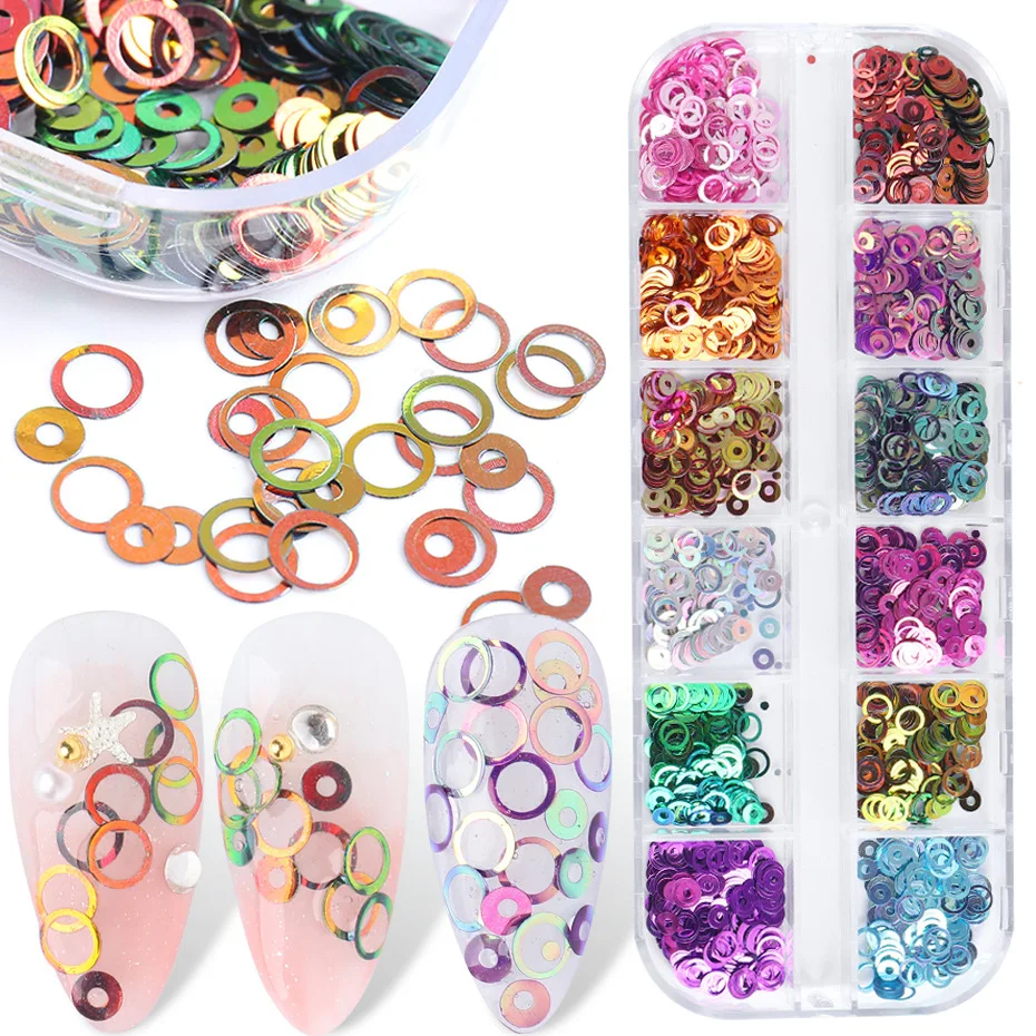 

12 Grids/Box mixed size Colorful Nail Glitter Flakes Hollow circle Round Nail Art Sequins Decorations Acrylic Manicure tools B01